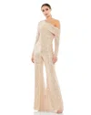 Mac Duggal Sequin One-shoulder Long Sleeve Flare Jumpsuit In Multi