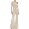 Mac Duggal Sequin One-shoulder Long Sleeve Flare Jumpsuit In Nude Silver