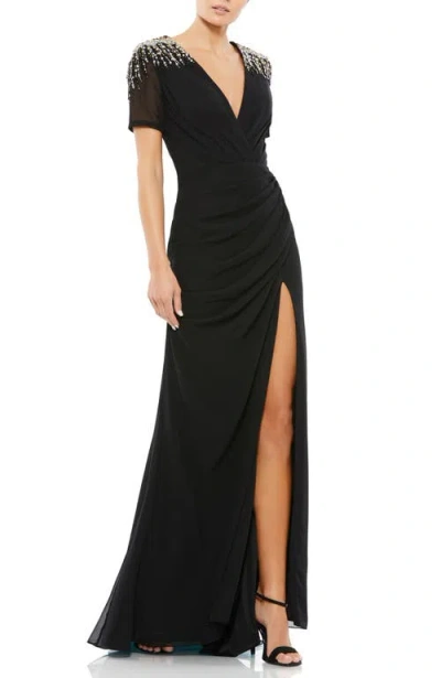 Mac Duggal Sequined Embellished Shoulder Evening Gown In Black