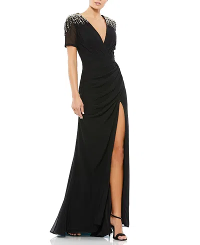 MAC DUGGAL SEQUINED EMBELLISHED SHOULDER EVENING GOWN
