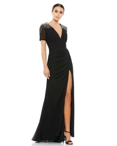 Mac Duggal Sequined Embellished Shoulder Evening Gown In Black