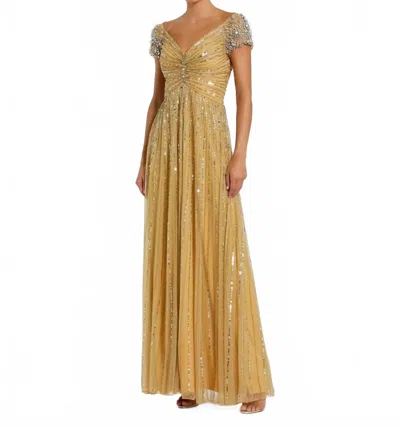 Mac Duggal Sequined Evening Gown With Embellished Shoulders In Gold