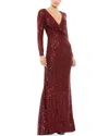Mac Duggal Sequined Faux Wrap Long Sleeve Column Gown In Red