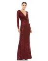 Mac Duggal Sequined Faux Wrap Long Sleeve Column Gown In Pink