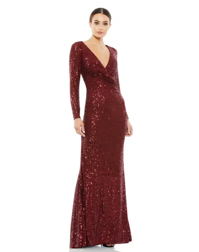 Mac Duggal Sequined Faux Wrap Long Sleeve Column Gown In Red