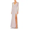 Mac Duggal Sequined Faux Wrap Long Sleeve Gown In Lavender