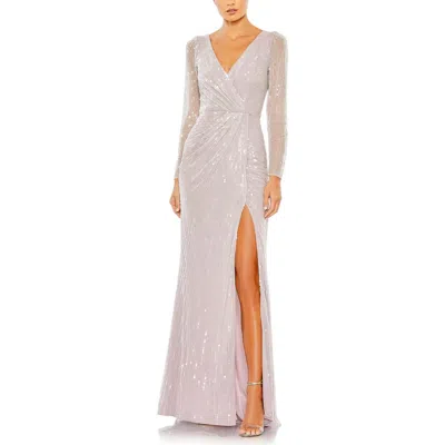 Mac Duggal Sequined Faux Wrap Long Sleeve Gown In Lavender