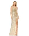 Mac Duggal Sequined Faux Wrap Sleeveless Gown In Gold