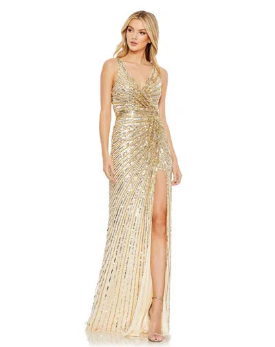 Mac Duggal Sequined Faux Wrap Sleeveless Gown In Gold