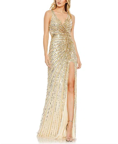 MAC DUGGAL SEQUINED FAUX WRAP SLEEVELESS GOWN