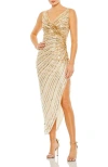 Mac Duggal Sequined Faux Wrap Sleeveless Midi Dress In Nude Gold