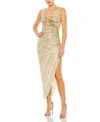Mac Duggal Sequined Faux Wrap Sleeveless Midi Dress In Nude Gold