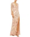 Mac Duggal Sequined Faux Wrap Split Long Sleeve Gown