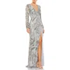 Mac Duggal Sequined Faux Wrap Split Long Sleeve Gown In Platinum