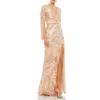 Mac Duggal Sequined Faux Wrap Split Long Sleeve Gown In Rose Gold