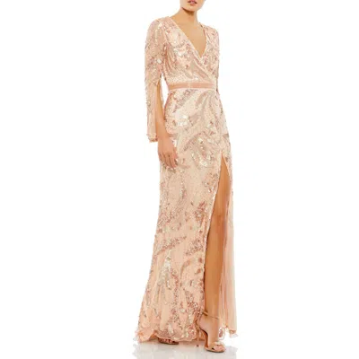 MAC DUGGAL MAC DUGGAL SEQUINED FAUX WRAP SPLIT LONG SLEEVE GOWN