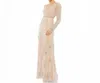 Mac Duggal Sequined Floral Embellihsed Long Sleeve Gown In Beige