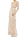 Mac Duggal Sequined Floral Embellished Long Sleeve Gown In Nude Silver In Gray
