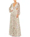 Mac Duggal Floral Sequin Long Sleeve Lace-up Back Mesh Gown