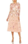 Mac Duggal Sequined Floral Long Sleeve High Neck Midi Dress In Blush