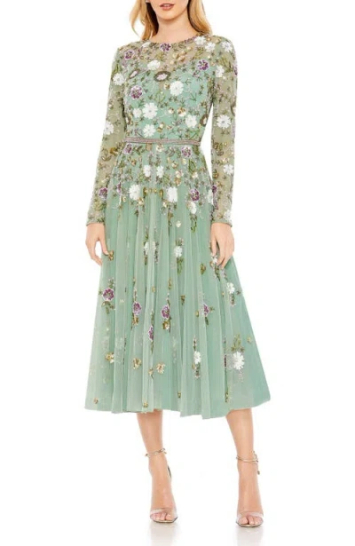 Mac Duggal Sequined Floral Long Sleeve High Neck Midi Dress In Sage Multi