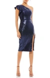 MAC DUGGAL MAC DUGGAL SEQUINED FLUTTER ONE SHOULDER FITTED MIDI DRESS