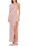Mac Duggal Sequined Flutter Sleeve One Shoulder Draped Gown In Mauve