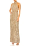 Mac Duggal Sequined Halter Neck Belted Soft Tie Dress In Champagne
