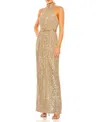 Mac Duggal Sequined Halter Neck Belted Soft Tie Dress In Champagne