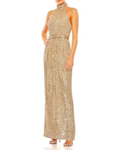 Mac Duggal Sequined Halter Neck Belted Soft Tie Dress In Champagne
