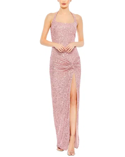 Mac Duggal Square Sequin Halter Strap With Low Side Knot Detail Evening Gown In Multi