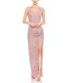 Mac Duggal Square Sequin Halter Strap With Low Side Knot Detail Evening Gown In Rose