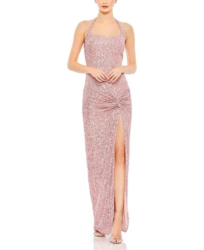 MAC DUGGAL SEQUINED HALTER STRAP LOW SIDE KNOT GOWN