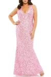 Mac Duggal Sequined Halter Strap Open Back Trumpet Gown In Pink