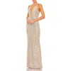 Mac Duggal Sequined Halter Strap Plunge Neck Gown In Rose Gold