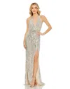 Mac Duggal Embellished Bead And Sequin Halter Strap Trumpet Gown In Multi