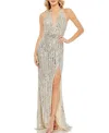 Mac Duggal Embellished Bead And Sequin Halter Strap Trumpet Gown In Silver Nude