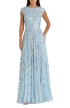 Mac Duggal Sequined High Neck Cap Sleeve A Line Gown