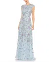 Mac Duggal Sequined High Neck A Line Gown In Ice Blue Multi
