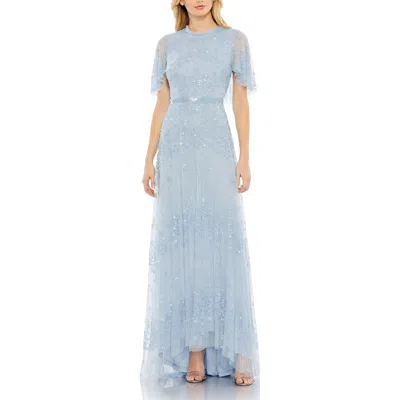 Mac Duggal Sequined High Neck Flutter Sleeve A Line Gown In Blue