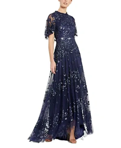 Mac Duggal Sequined High Neck Flutter Sleeve A Line Gown In Midnight