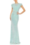Mac Duggal Sequined High Neck Flutter Sleeve Gown In Blue