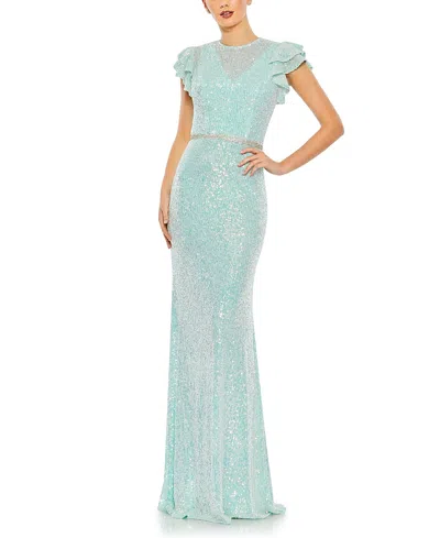 Mac Duggal Sequined High Neck Flutter Sleeve Gown In Ice Blue