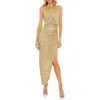 Mac Duggal Sequined High Neck Keyhole Asymmetrical Gown In Gold