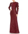 Mac Duggal Sequined High Neck Puff Long Sleeve Column Gown In Brown