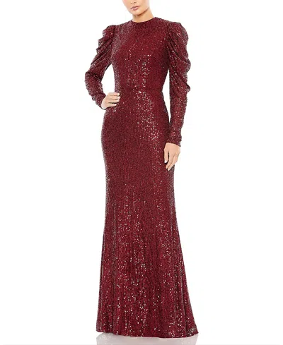 Mac Duggal Sequined High Neck Puff Long Sleeve Column Gown In Brown