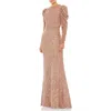 Mac Duggal Sequined High Neck Puff Long Sleeve Column Gown In Copper