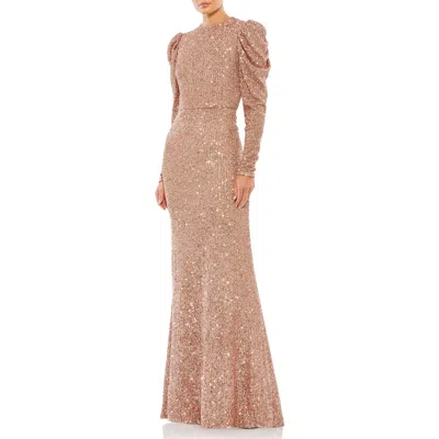 Mac Duggal Sequined High Neck Puff Long Sleeve Column Gown In Copper