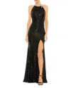 Mac Duggal Sequined Halter Strap Low Side Knot Gown In Black