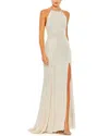 Mac Duggal Sequined High-neck Rhinestone Trim Column Gown In White